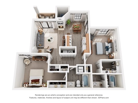 Floor plan for 2 beds, 2 baths, 1046 sqft