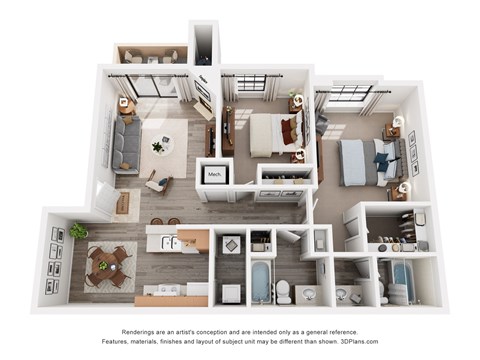 Floor plan for 2 beds, 2 baths, 952 sqft