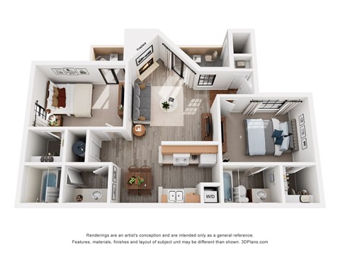 Floor plan for 2 beds, 2 baths, 968 sqft