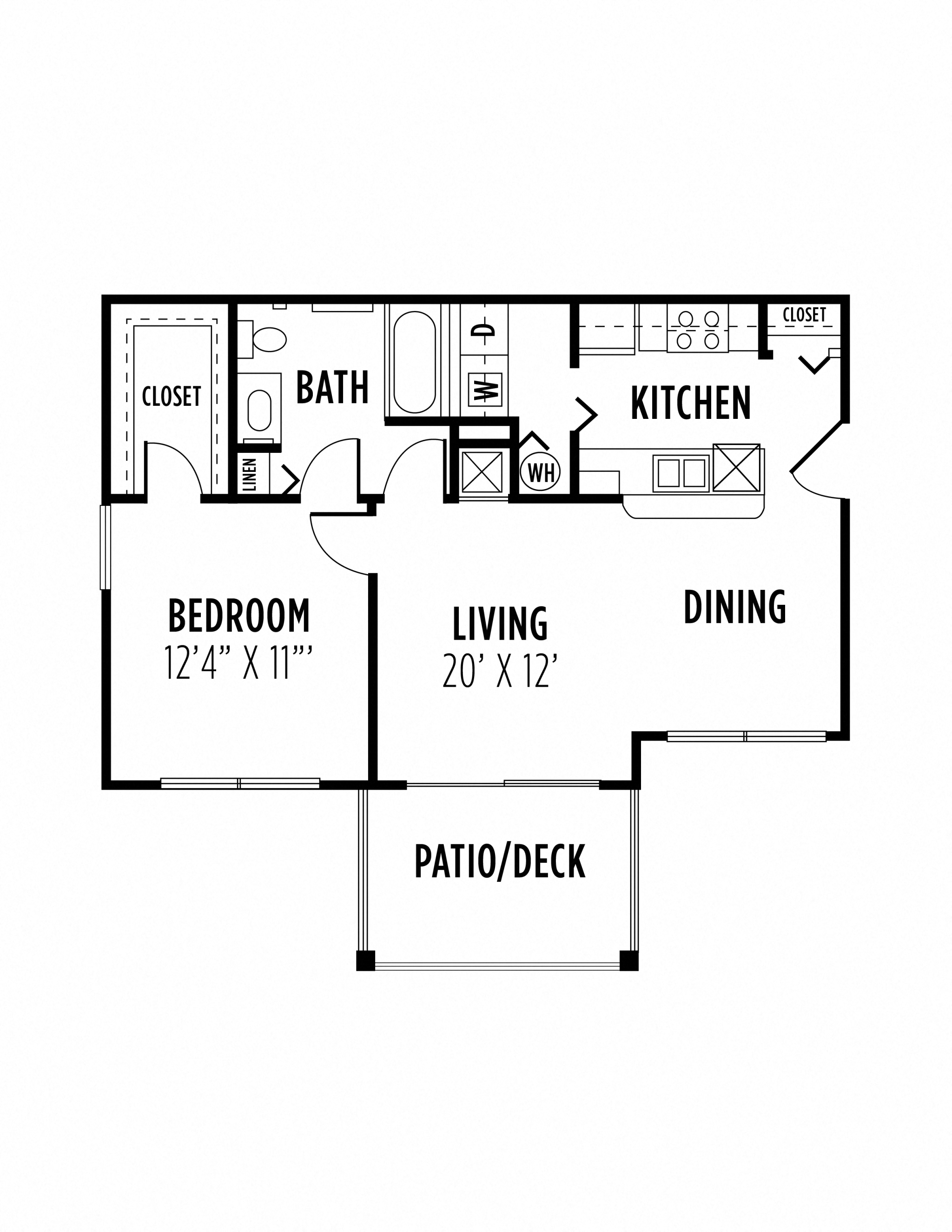 Floor plan for 1 bed, 1 bath, 761 sqft