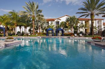 A large swimming pool with palm trees and buildings in the background