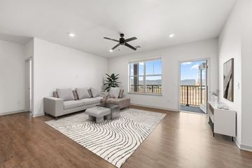 Colorado Springs apartment for rent - A living room with a grey sofa and a rug with a black and white pattern.