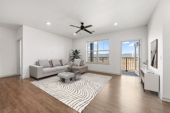 Colorado Springs apartment for rent - A living room with a grey sofa and a rug with a black and white pattern.