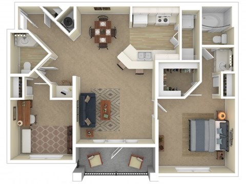 Floor plan for 1 bed, 1.5 baths, 1018 sqft