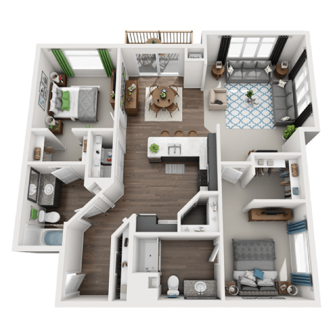 Floor plan for 2 beds, 2 baths, 1101 sqft