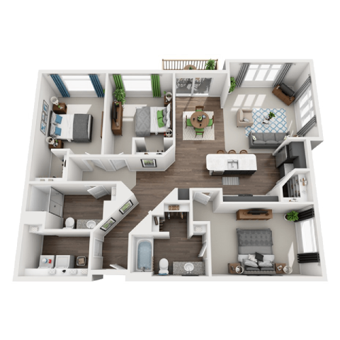 Floor plan for 3 beds, 2 baths, 1405 sqft