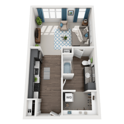 Floor plan for studio, 1 bath, 542 sqft
