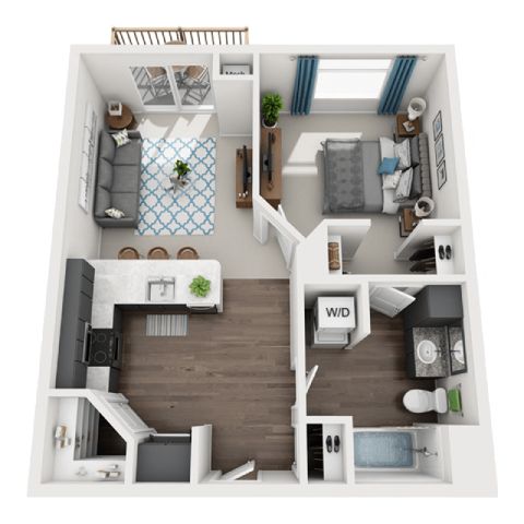 Floor plan for 1 bed, 1 bath, 624 sqft