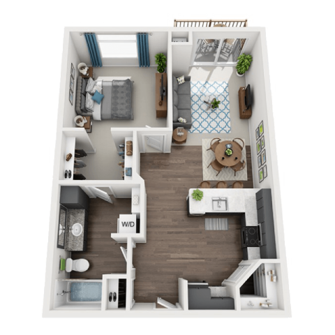Floor plan for 1 bed, 1 bath, 768 sqft