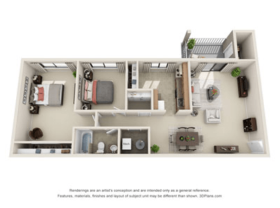 Floor plan for 2 beds, 1 bath, 960 sqft