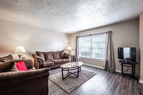 Greenville apartment for rent - A living room with a brown couch, a coffee table, and a flat screen TV.
