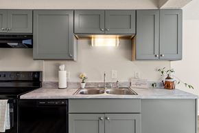 Wilmington apartment for rent - A kitchen with grey cabinets and a black oven.