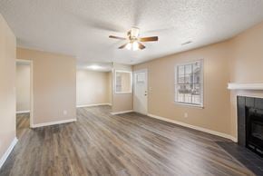 Greenville apartment for rent - A living room with a fireplace and a ceiling fan.
