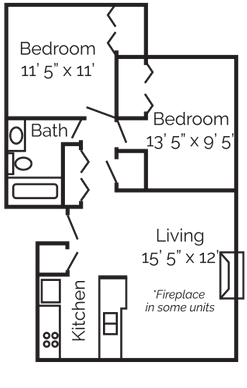 Floor plan for 2 beds, 1 bath, 800 sqft