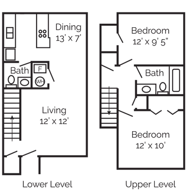 Floor plan for 2 beds, 1.5 baths, 1100 sqft