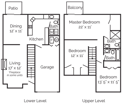 Floor plan for 3 beds, 2.5 baths, 1500 sqft