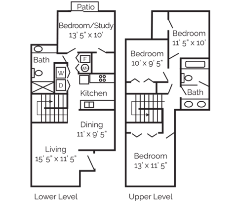 Floor plan for 4 beds, 2 baths, 1500 sqft