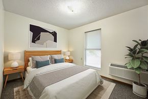 Topeka apartment for rent - A bedroom with a bed, nightstands, and a plant.