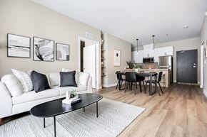 Winnipeg apartment for rent - A modern living room with a white couch and a black coffee table.