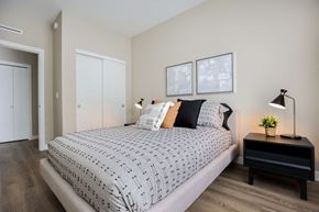 Winnipeg apartment for rent - A bedroom with a large bed and a small table with a plant on it.