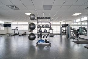 Winnipeg townhouse for rent - A gym with a variety of equipment including weights and exercise balls.
