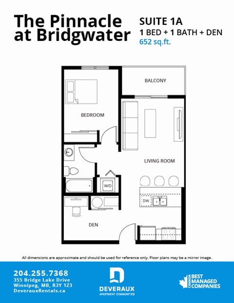 Floor plan for 1 bed, 1 bath, 652 sqft