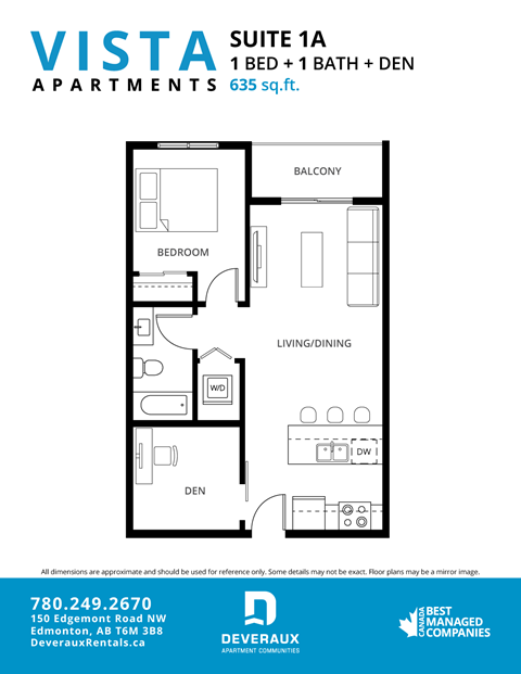 Floor plan for 1 bed, 1 bath, 635 sqft