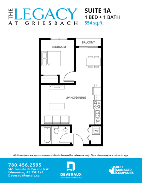Floor plan for 1 bed, 1 bath, 571 sqft