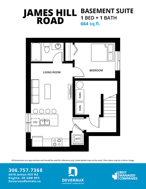 Floor plan for 1 bed, 1 bath, 664 sqft