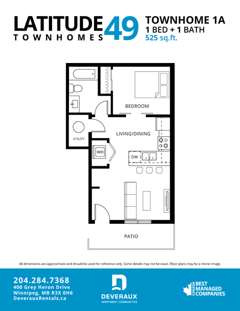 Floor plan for 1 bed, 1 bath, 550 sqft