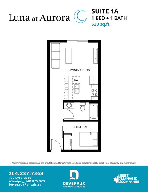 Floor plan for 1 bed, 1 bath, 530 sqft