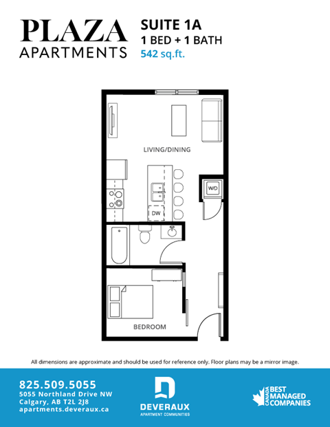 Floor plan for 1 bed, 1 bath, 616 sqft