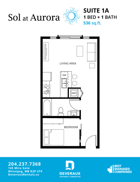 Floor plan for 1 bed, 1 bath, 536 sqft