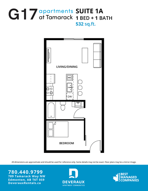 Floor plan for 1 bed, 1 bath, 652 sqft