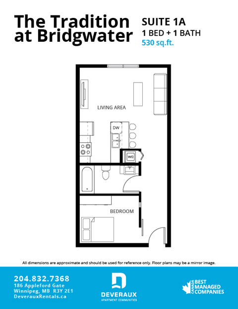 Floor plan for 1 bed, 1 bath, 530 sqft