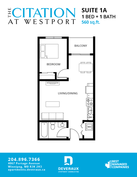Floor plan for 1 bed, 1 bath, 560 sqft