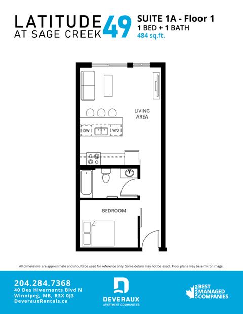 Floor plan for 1 bed, 1 bath, 484 sqft
