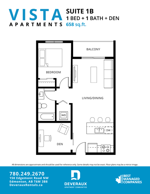 Floor plan for 1 bed, 1 bath, 658 sqft