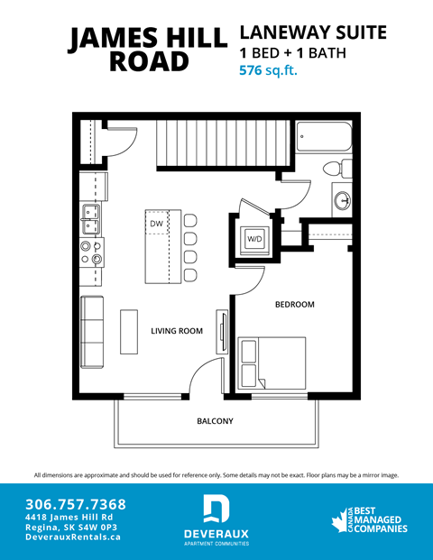Floor plan for 1 bed, 1 bath, 576 sqft