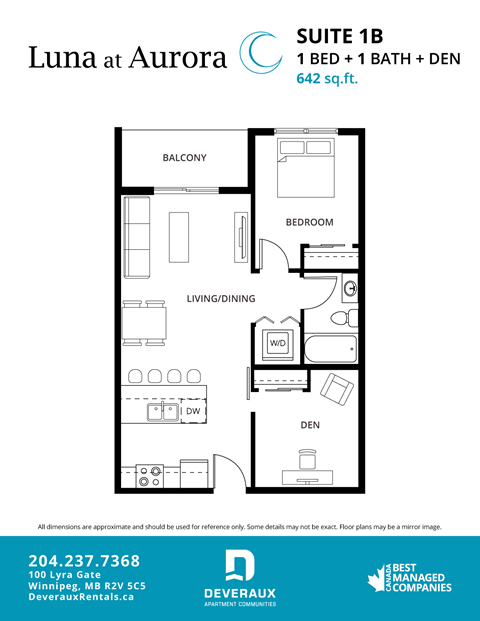 Floor plan for 1 bed, 1 bath, 642 sqft