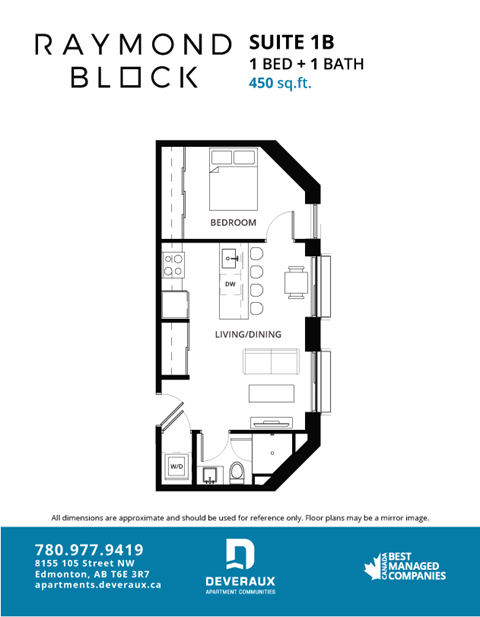 Floor plan for 1 bed, 1 bath, 565 sqft