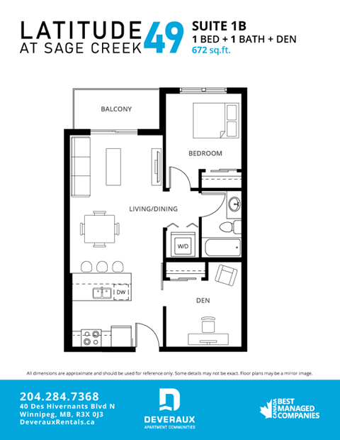 Floor plan for 1 bed, 1 bath, 672 sqft