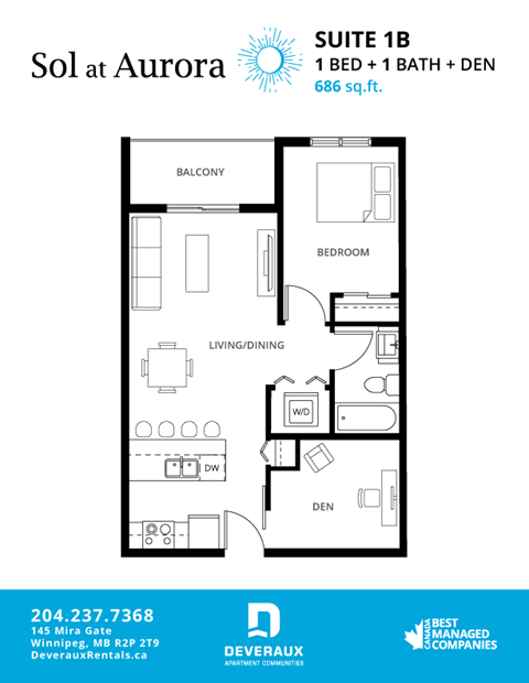 Floor plan for 1 bed, 1 bath, 686 sqft
