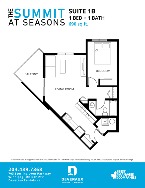 Floor plan for 1 bed, 1 bath, 729 sqft