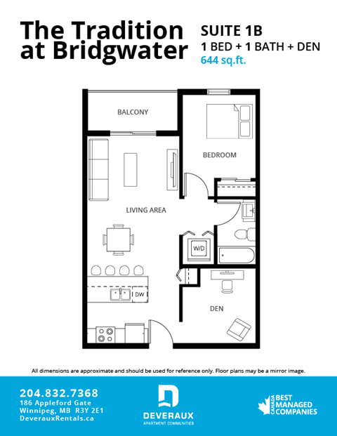 Floor plan for 1 bed, 1 bath, 644 sqft