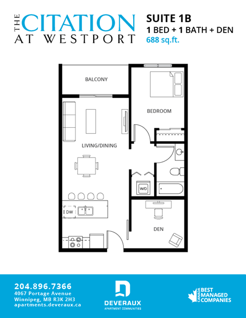 Floor plan for 1 bed, 1 bath, 688 sqft