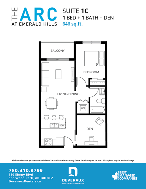 Floor plan for 1 bed, 1 bath, 676 sqft