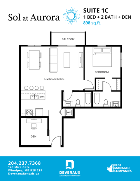 Floor plan for 1 bed, 2 baths, 898 sqft
