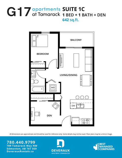 Floor plan for 1 bed, 1 bath, 642 sqft