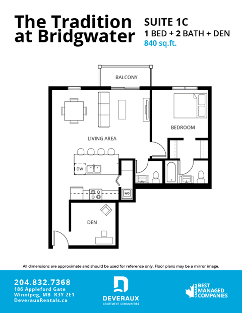 Floor plan for 1 bed, 2 baths, 840 sqft